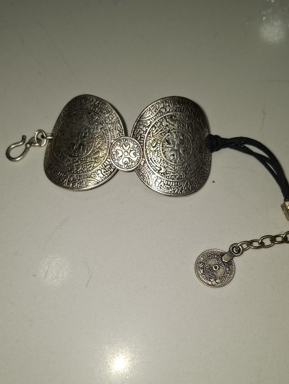 Ottoman Tibetan Turkish Round Coin Silver Braclet Leather 6-7 Inch Adjustable